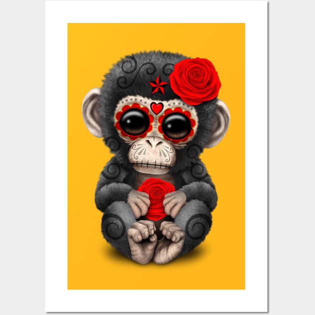 Red Day of the Dead Sugar Skull Baby Chimp Wall Art by jeffbartels